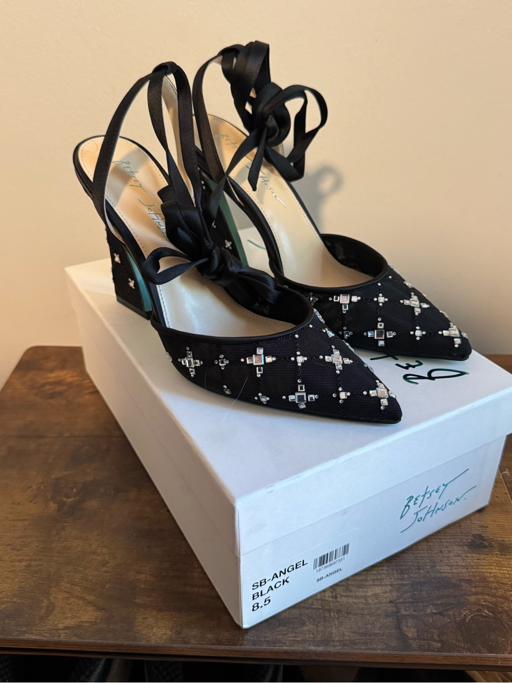 Betsey Johnson Black Embellished Pointed-Toe Slingback Heels Ankle Tie Size8.5